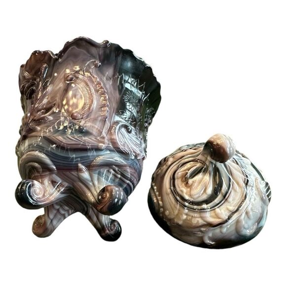 Imperial Glass Purple Slag Footed Covered Candy Jar 1960’s marbled pattern - Picture 4 of 11